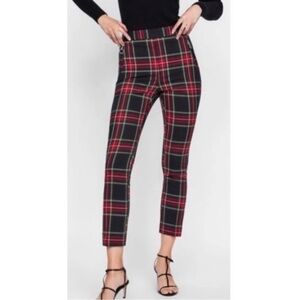 Zara Womens Sz XS Christmas Plaid Tartan Black Watch Cropped Ankle Pants